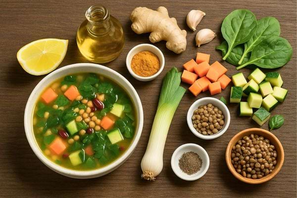 Bol de soupe aux légumes, lentilles, épices et huile, entouré d’ingrédients frais sur fond bois.