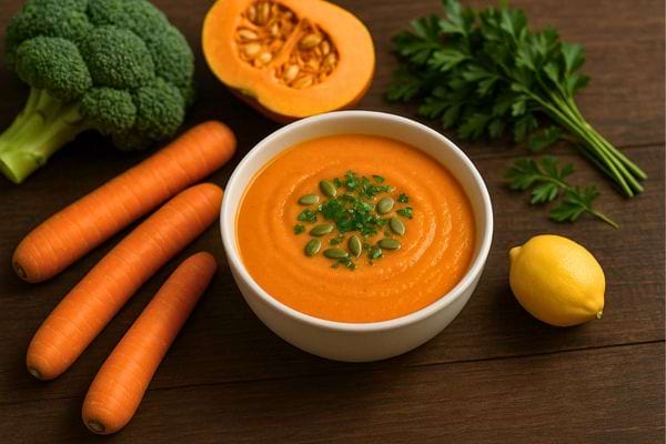 Bol de soupe orange garni de graines et persil, entouré de carottes, citron, persil et potiron.