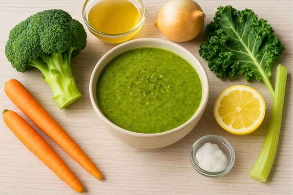 Bol de soupe verte avec carottes, brocoli, citron, céleri, oignon et huile sur fond clair.