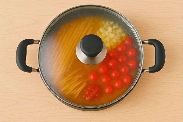 Spaghetti, tomates et oignons mijotant sous un couvercle transparent.