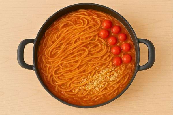Casserole remplie de spaghetti cuits avec tomates cerises et parmesan.