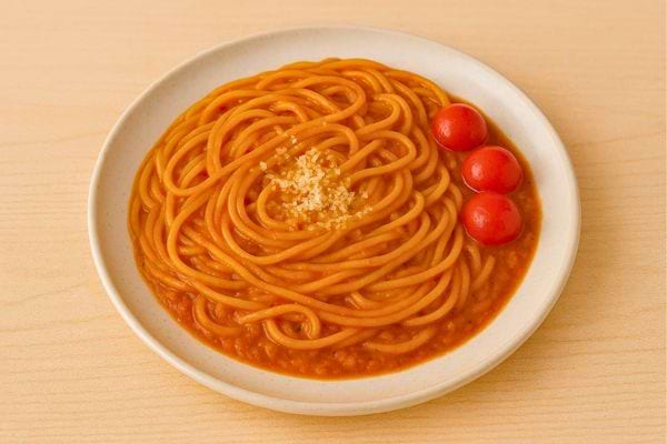 Assiette de spaghetti nappés de sauce tomate et parsemés de parmesan.