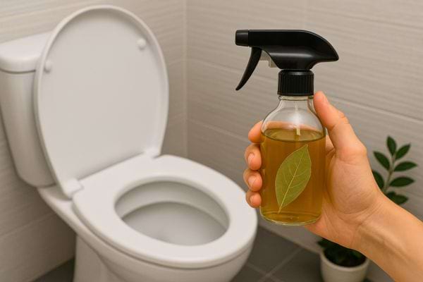 Bouteille spray naturelle devant des toilettes propres.