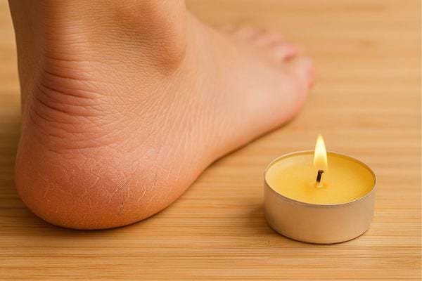 Un talon sec repose à côté d’une bougie allumée sur un sol en bois clair.