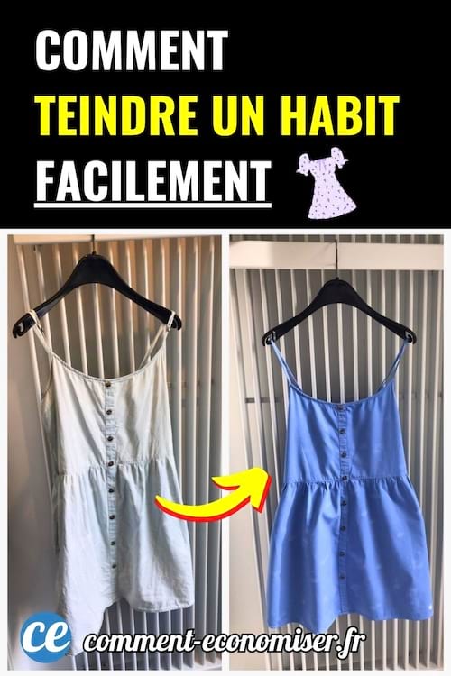 Avant-après d’une robe claire devenue bleue après teinture, flèche jaune entre les deux.