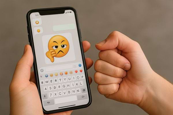 Un téléphone affiche un emoji pensif pendant qu’une main montre un geste de poing fermé à côté.