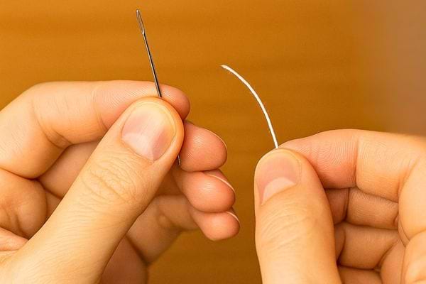 Deux mains tiennent une aiguille et un fil blanc prêt à enfiler.