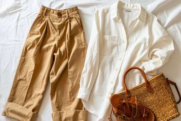 Des vêtements élégants posés sur un lit, comprenant un pantalon beige, une chemise blanche et des accessoires assortis.