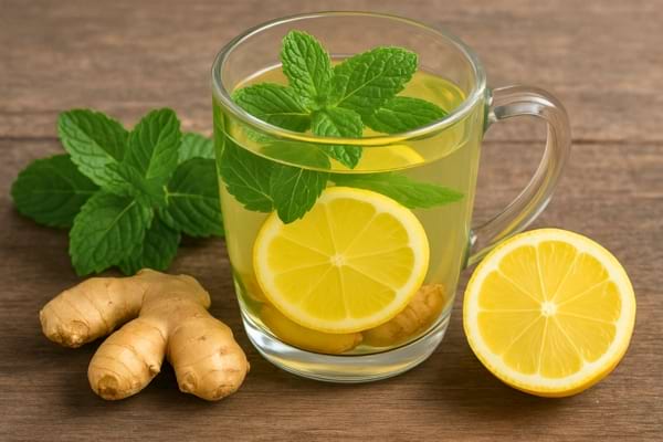 Une tasse de tisane chaude contient du citron, du gingembre et des feuilles de menthe fraîche.