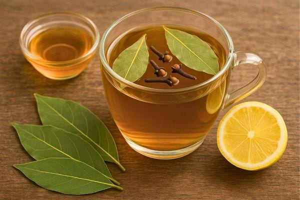Tasse de tisane chaude avec feuilles de laurier, clous de girofle et citron sur table en bois.