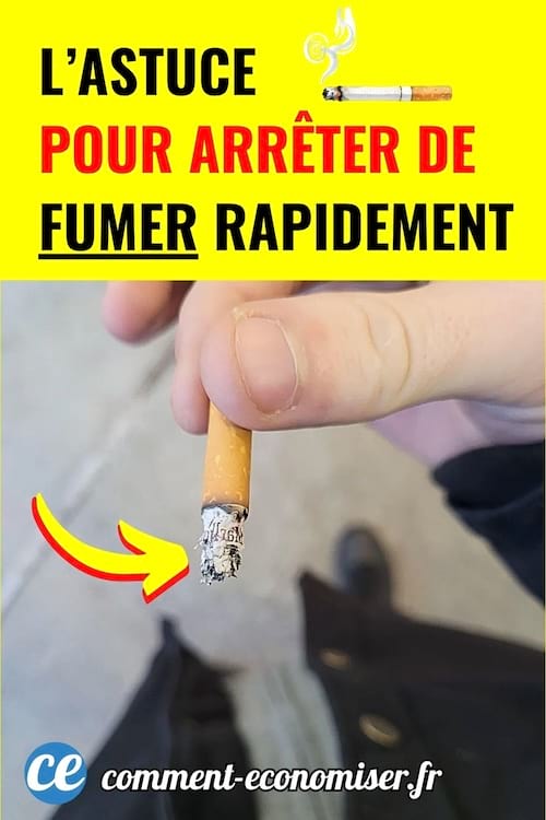 Main tenant une cigarette à moitié consumée avec flèche jaune dirigée vers la braise.