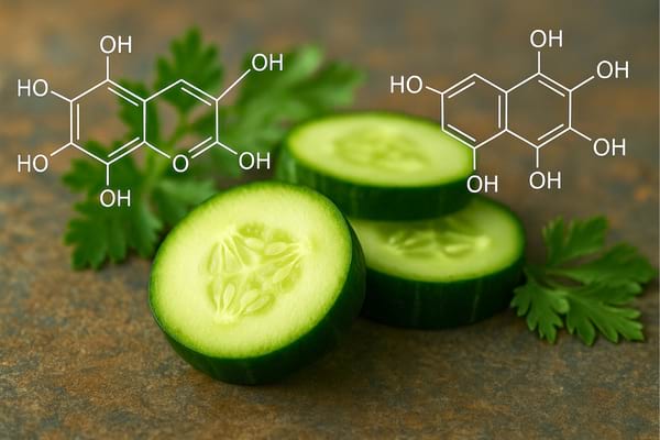 Tranches de concombre avec formules chimiques dessinées au-dessus.