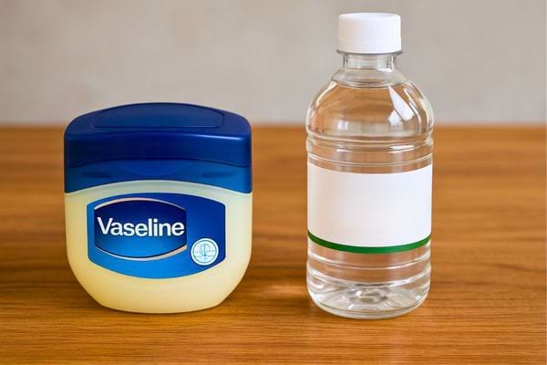 Bocal de vaseline et bouteille transparente côte à côte.