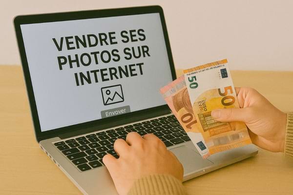Une personne tient des billets d’euros devant un ordinateur affichant « vendre ses photos sur internet ».