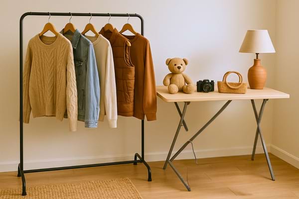 Un portant affiche plusieurs vêtements bien rangés à côté d’une table décorée avec un ours en peluche et une lampe.