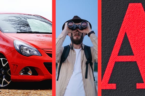 Une voiture rouge est garée à côté d’un homme observant avec des jumelles et de la lettre A.