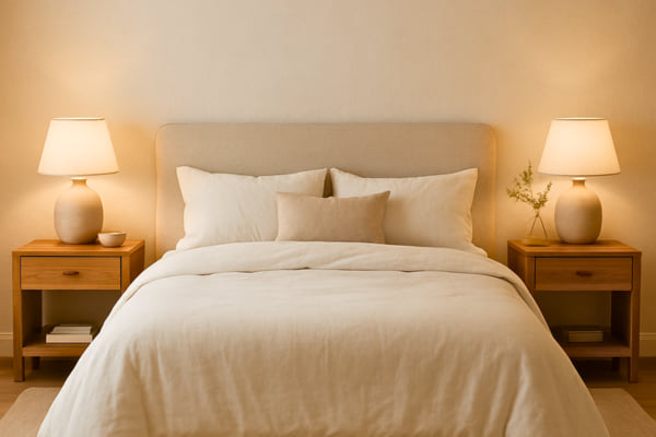 Lit pos&eacute; dans une chambre.