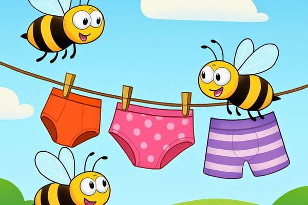 Illustration amusante d&rsquo;abeilles volant autour de sous-v&ecirc;tements suspendus.