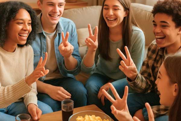 Des adolescents s’amusent en faisant un jeu de mains tout en grignotant et riant.