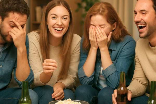 Un groupe d’amis rit aux eclats devant un bol de popcorn et des bouteilles.