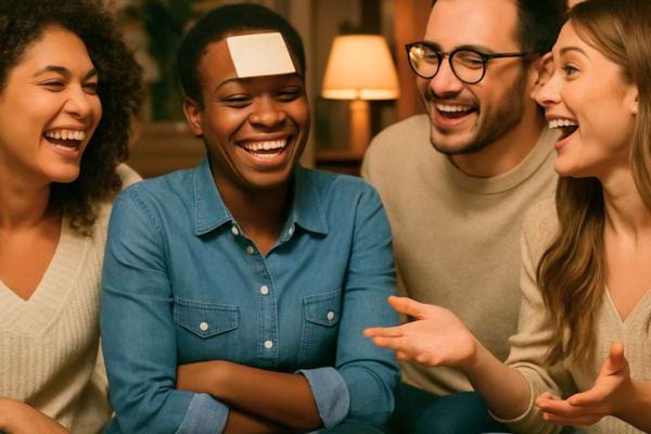 Des amis rient en jouant a un jeu ou l’un porte un post-it sur le front.