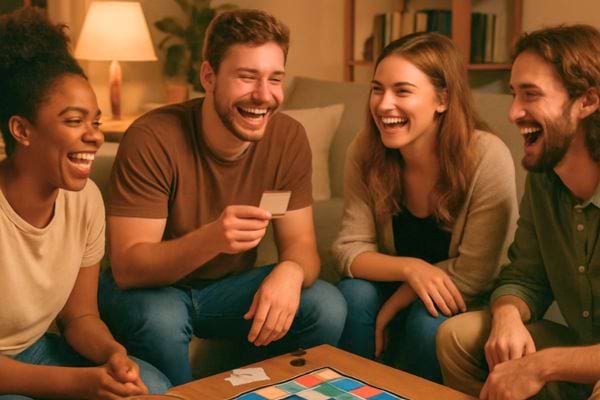 Des amis jouent a un jeu de societe et rient ensemble dans un salon.