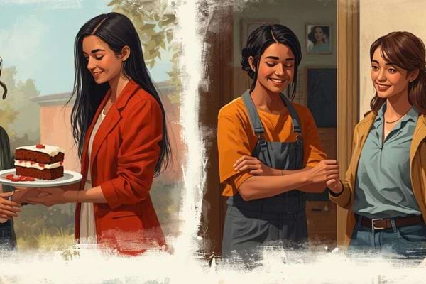 Deux femmes souriantes échangent un gâteau fait maison dans une ambiance conviviale et chaleureuse.