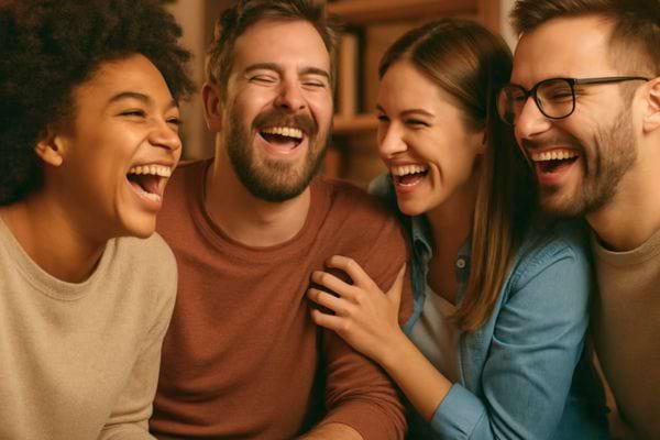 Un groupe d’amis eclate de rire ensemble dans une ambiance chaleureuse.