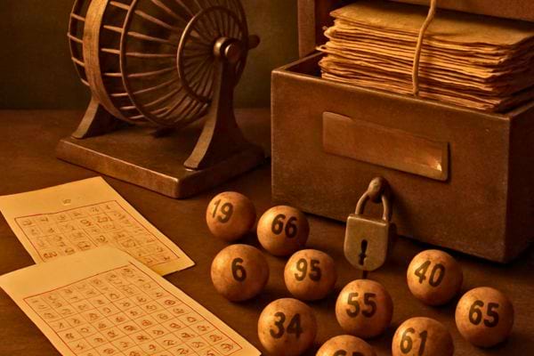 Un ancien matériel de loterie avec boules numérotées et grilles est exposé.