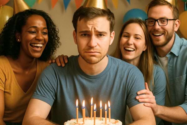 Un homme assis devant un gateau garde un air malheureux tandis que ses amis souriants l’entourent.