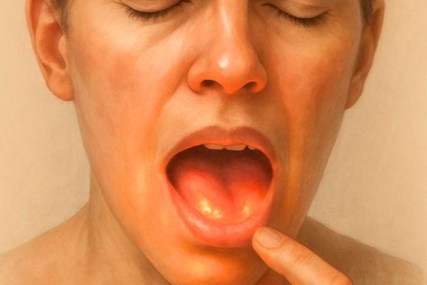 Une personne montre une irritation douloureuse à l’intérieur de la bouche.