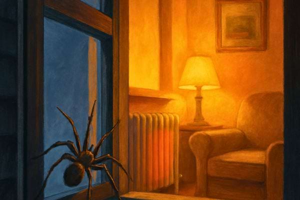 Une araignee grimpe pres d’une fenetre ouverte donnant sur une piece chaleureuse eclairee.