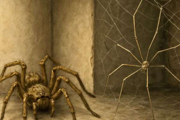 Deux araignees se font face pres d’une grande toile fixee dans un angle sombre.