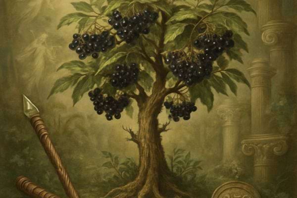 Un arbre porte de grosses baies noires dans une scene au style ancien.