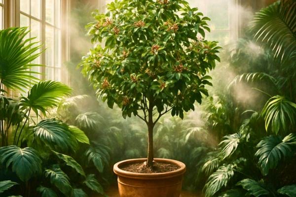 Un petit arbre en pot pousse dans une piece lumineuse entouree de grandes plantes vertes.