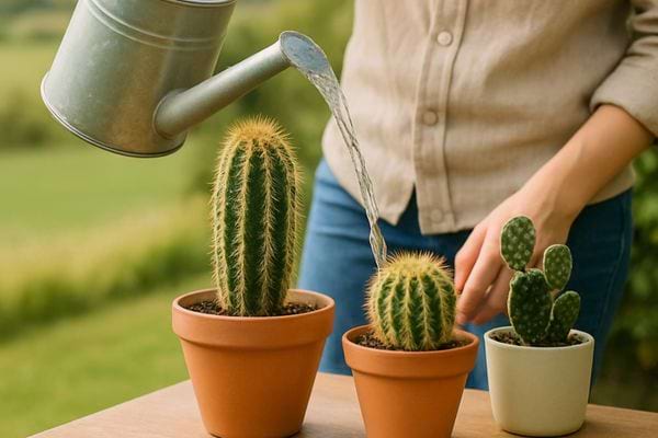 Une personne arrose doucement trois cactus poses sur une table en exterieur.