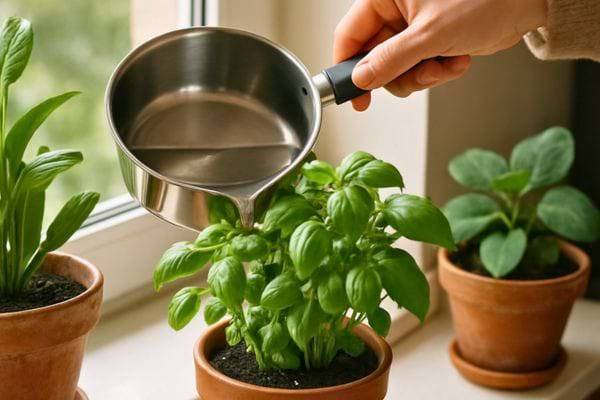  une personne verse de leau sur des herbes aromatiques en pot.