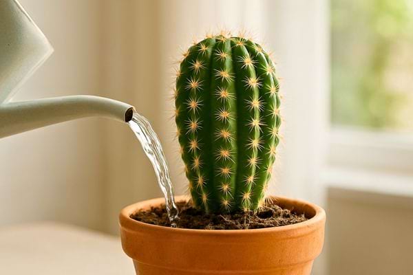 Un cactus en pot est arrose a l interieur avec un arrosoir metallique.