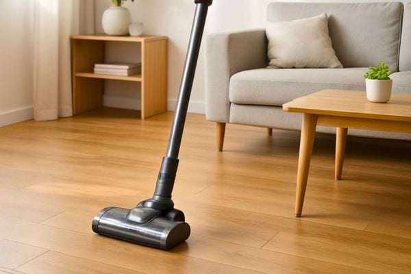 Un aspirateur balai nettoie un sol en bois dans un salon lumineux.