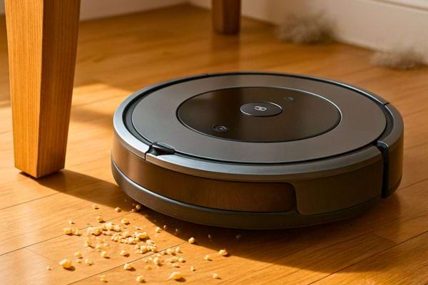 Un robot aspirateur ramasse des miettes sous une table sur un sol en bois.
