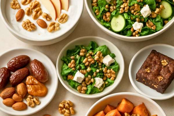 Assiettes remplies de salades, fruits secs et noix variées.