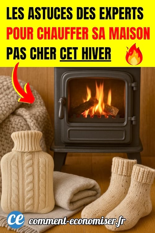 Une bouillotte, des chaussettes, un plaid devant un feu de bois dans un poêle.