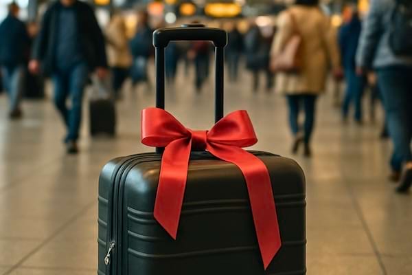 Une valise noir avec un ruban rouge dessus