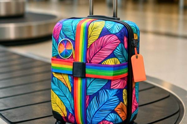 Une petite valise très colorée avec motifs de plumes et sangle arc-en-ciel tourne sur le tapis roulant.