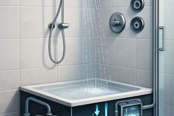 Une douche remplit un bac illustrant la recuperation et reutilisation de l&rsquo;eau.