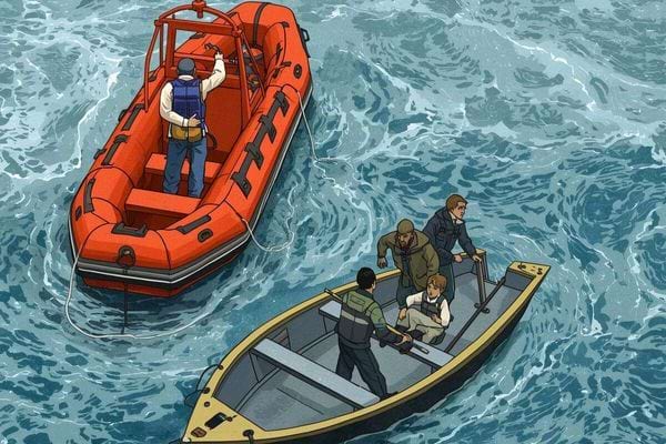 Deux bateaux sur une mer agitée, équipage procédant à une opération de sauvetage.