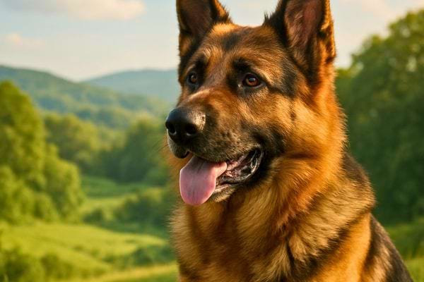 Un berger allemand est debout dehors et regarde au loin dans la nature.