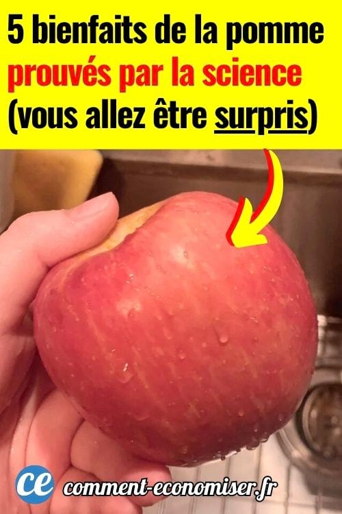 Une main qui tient une pomme variété fuji, avec une cuisine en arrière-plan
