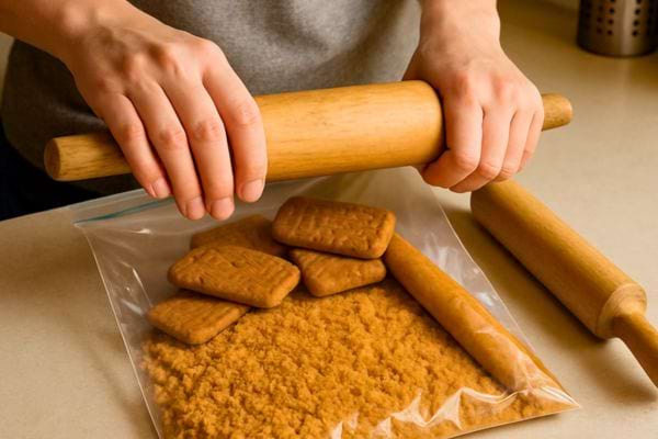 Des mains ecrasent des biscuits dans un sac zip avec un rouleau pour les reduire en poudre.