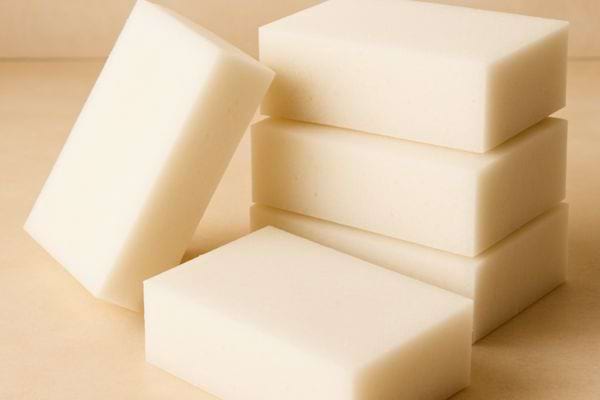 Blocs d’eponges magiques empiles sur un fond neutre.